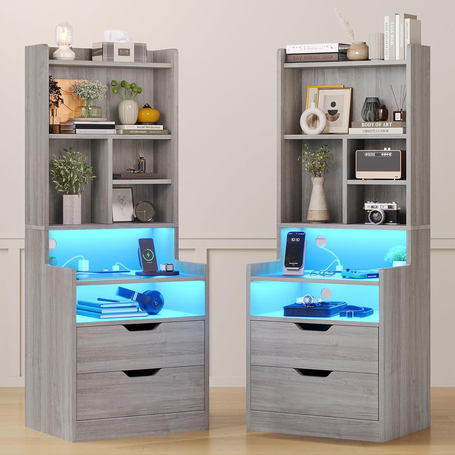 Adorneve Grey Nightstand Set of 2 with Charging Station and LED Lights, Tall Bedside Table with Bookshelf and Drawers