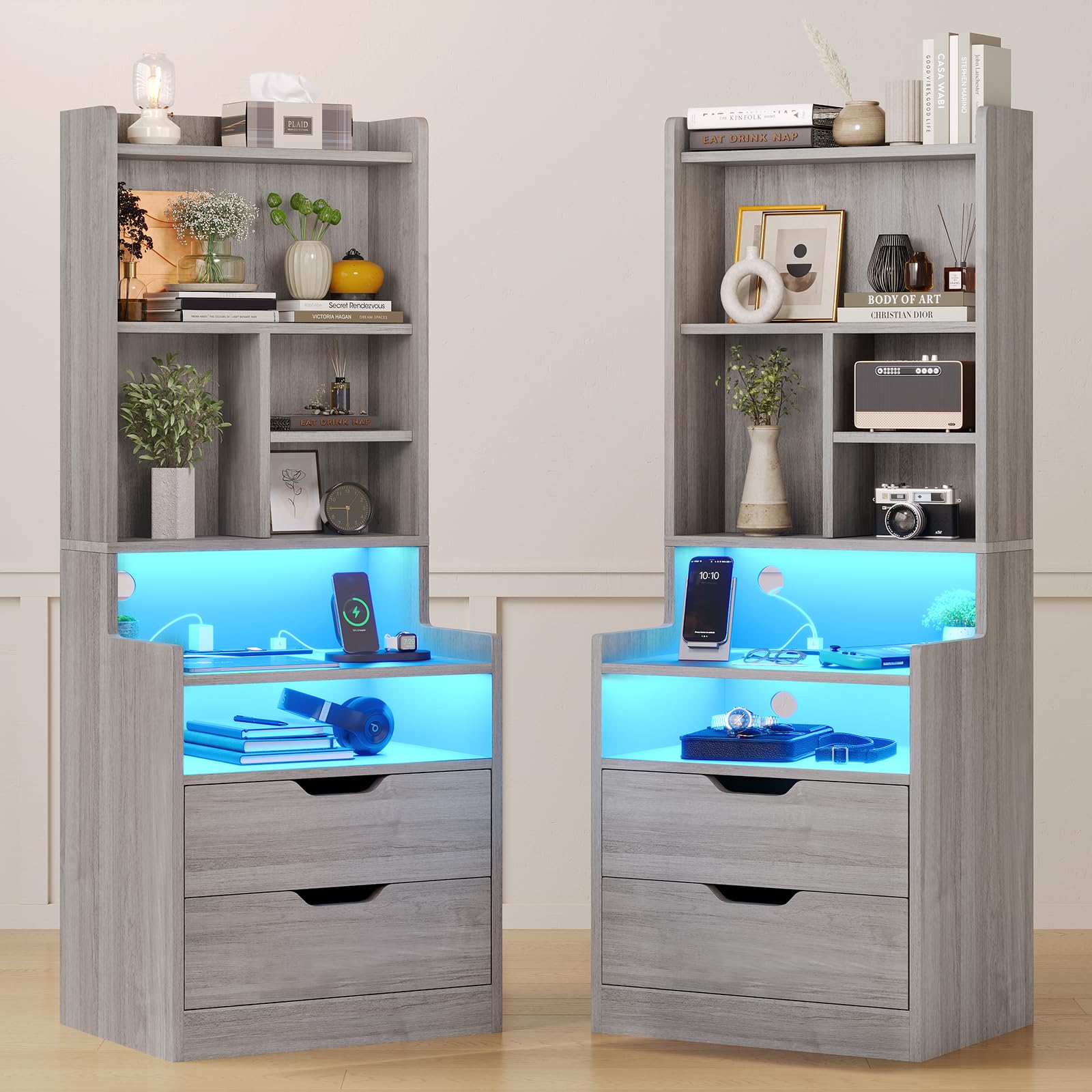 ADORNEVE Grey Nightstand Set of 2,Night Stand with Charging Station and LED Lights,Tall Bedside Table with Bookshelf and Drawers,Side Tables Bedroom