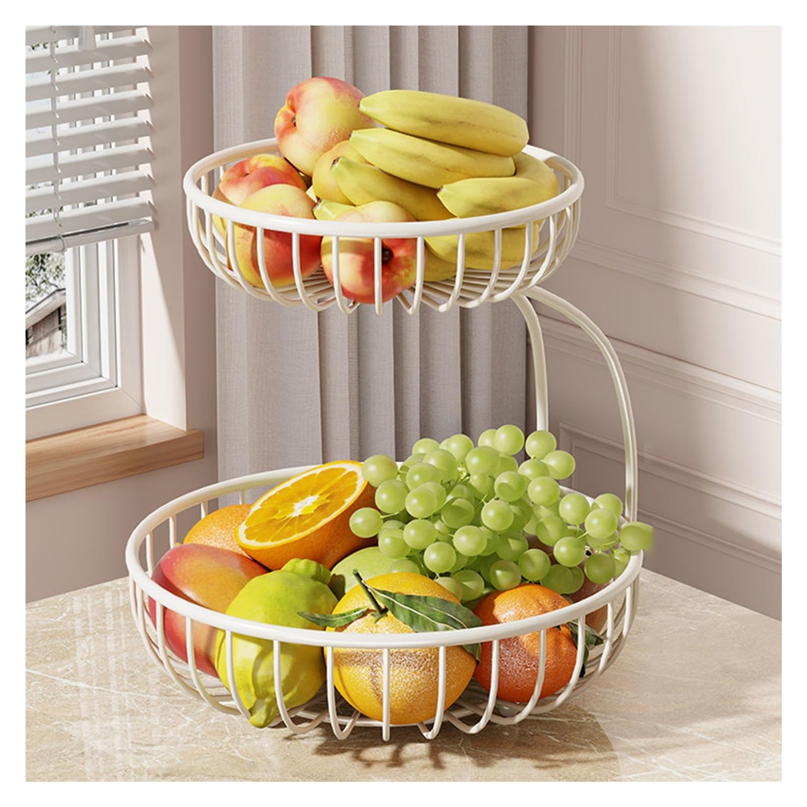 XCSDEW Wrought Iron Fruit Rack,Double-layer Shelf,Openwork Snack Organizer,Suitable for Hotels and Living Rooms(White,29x29x24cm)