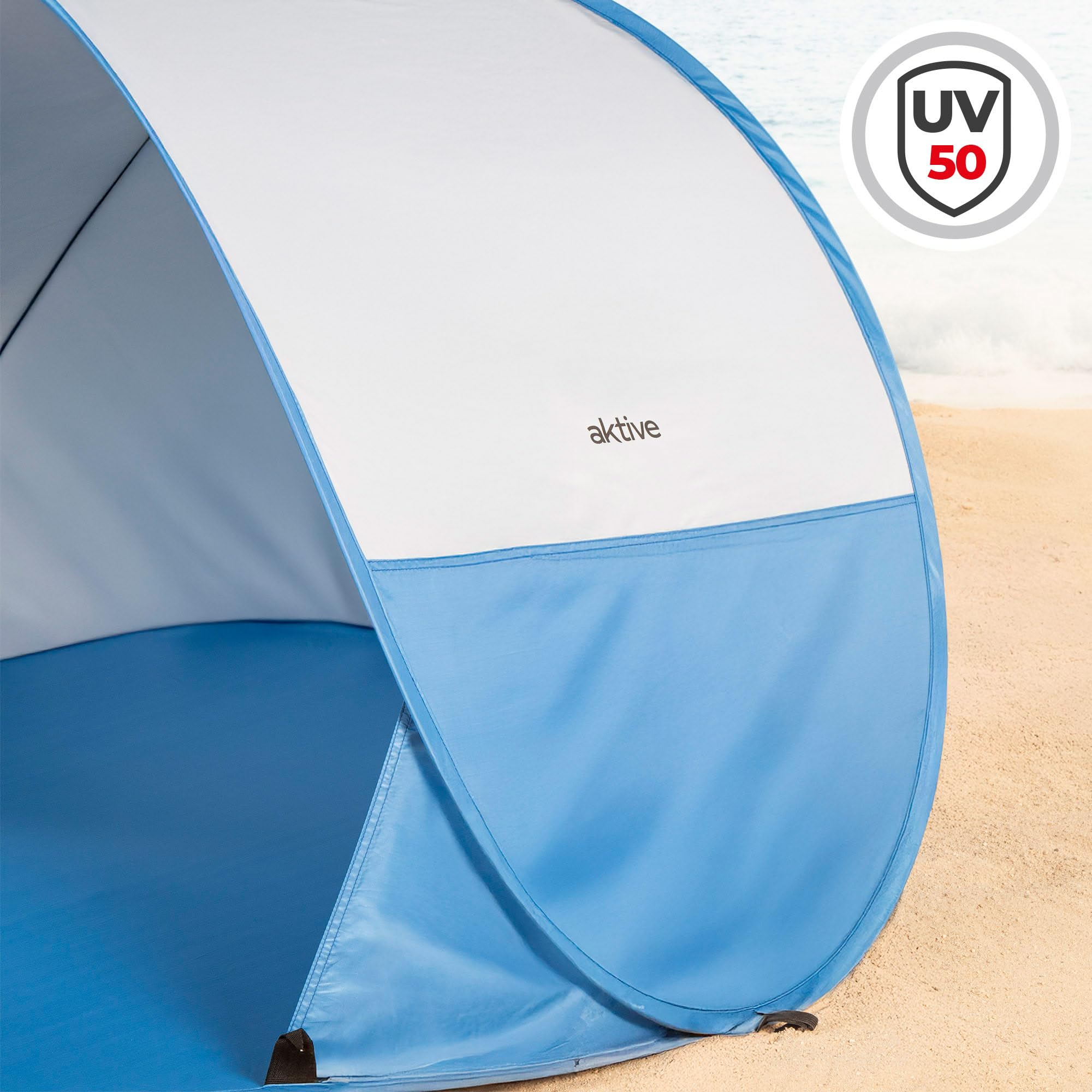 AKTIVE Tienda Playa Pop up, Azul, 148x148x90 cm, Revestimiento Plateado, Protección UV50, Incluye 4 piquetas, Poliéster, Paravientos Plegable, Bolsa Transporte, Refugio Pesca (62529)