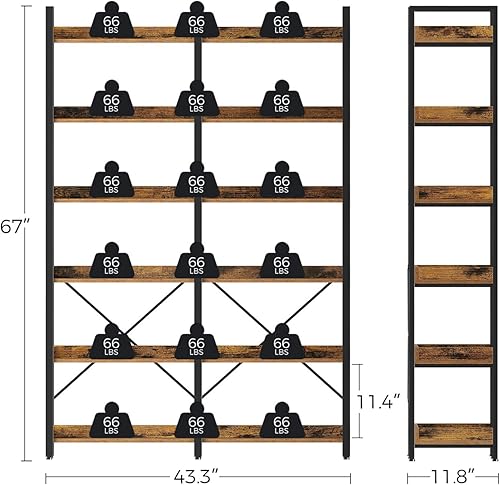 Miniatura 3 de Seventable Estantería de 6 niveles con 4 ganchos, estantería industrial de madera de 67 pulgadas, estante de almacenamiento vintage con estantes