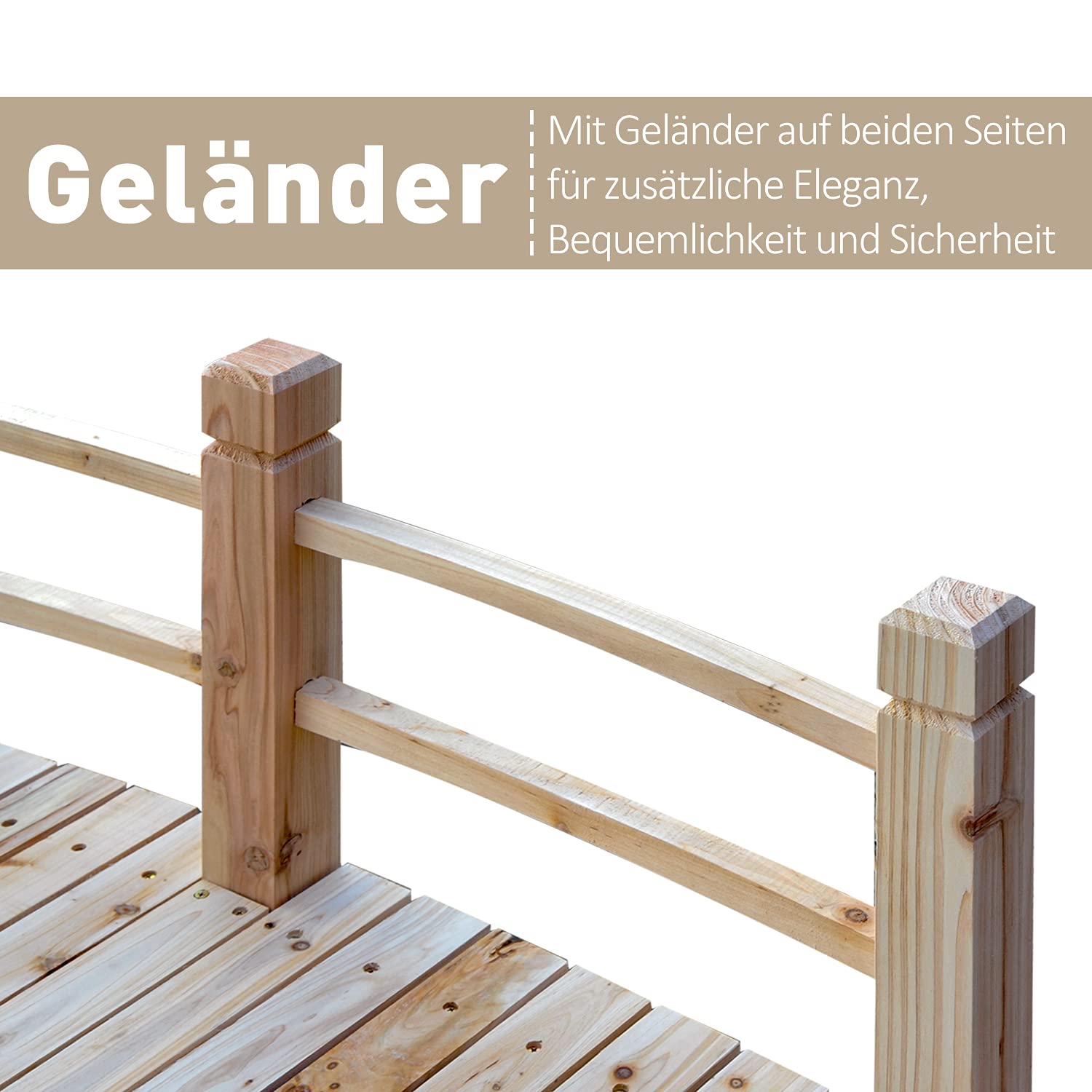 Outsunny Gartenbrücke Holzbrücke Holzsteg Teichbrücke Zierbrücke mit Geländer bis 180 kg Tannenholz Natur 152,5 x 67 x 48 cm