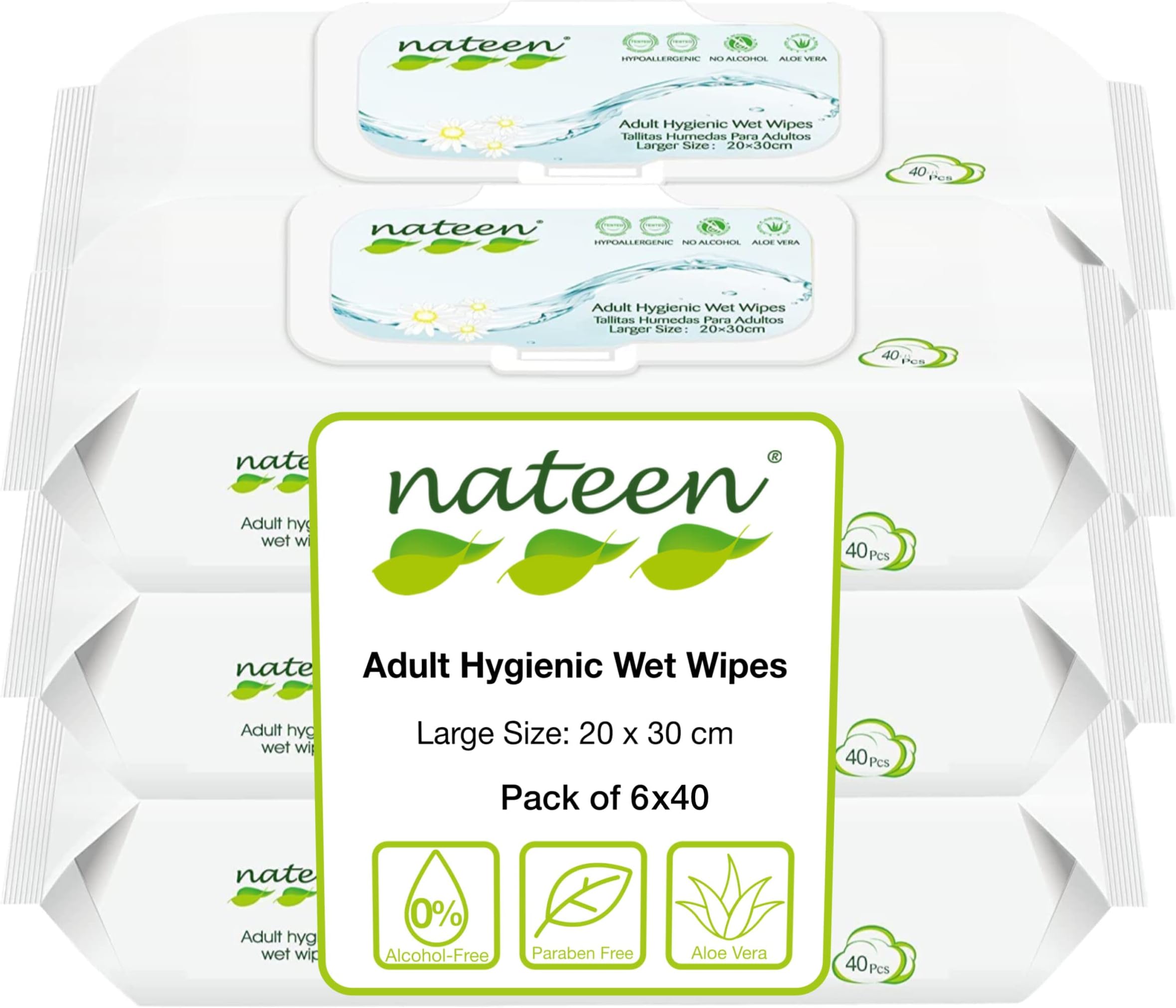 Tendercare Nateen - Wet Wipes - 6 Pack of 40 Wipes - Adult Hygienic Wet Wipes - Thick Soft Wipes - Purified Water & Aloe Vera - Hypoallergenic & Alcohol Free - Non-Flushable