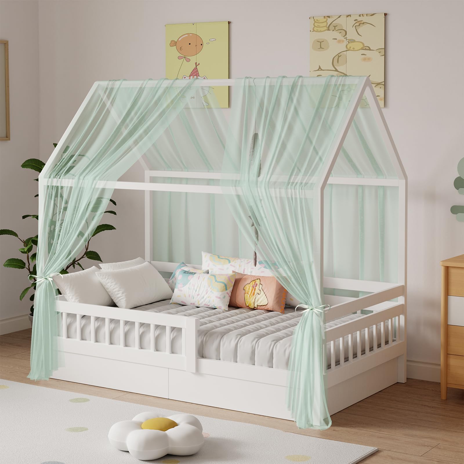 Zdada Hausbett Himmel Set, 2 Stück Betthimmel Hausbett für Hausbett Deko, Bett Vorhang für Mädchen Jungen Kinderbett Kinderzimmer Deko,150 x 350 cm Grün