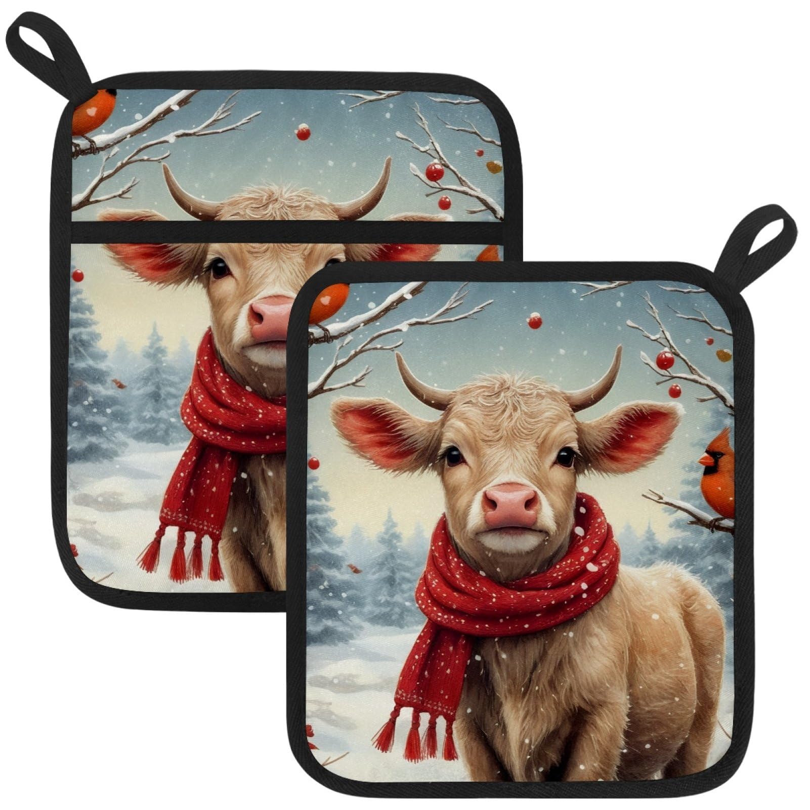 VAPOKF Christmas Highland Cattls Pot Holders with Pocket for Kitchen Heat Resistant Potholders Large Polyester-Cotton Square Oven Mitts Set