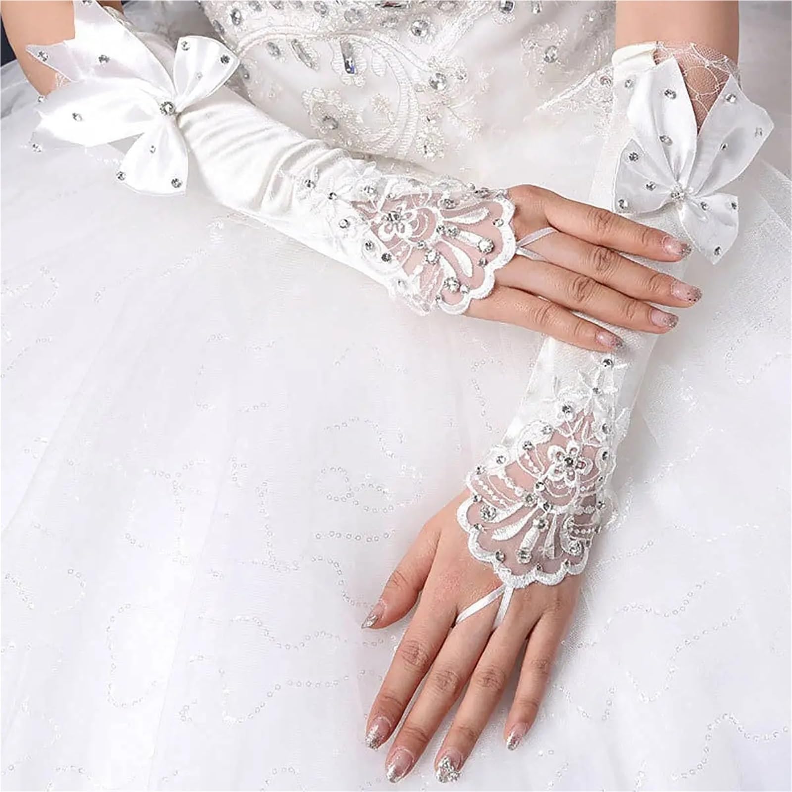 2 paia di guanti da sposa lunghi in raso donna senza dita, fiocco, fiore for accessorio