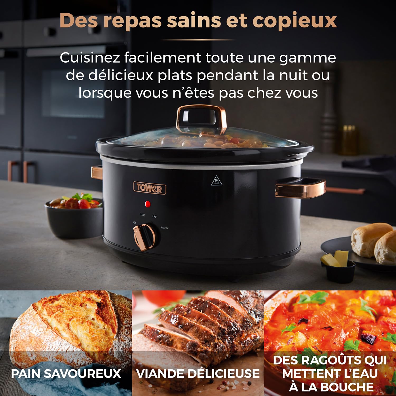 Tower T16019RG Infinity Mijoteuse Électrique - Mijoteuse - Poêle Électrique avec 3 Réglages de Chaleur et Fonction Maintien au Chaud - 6,5 L - 270 W - Noir et Or Rose