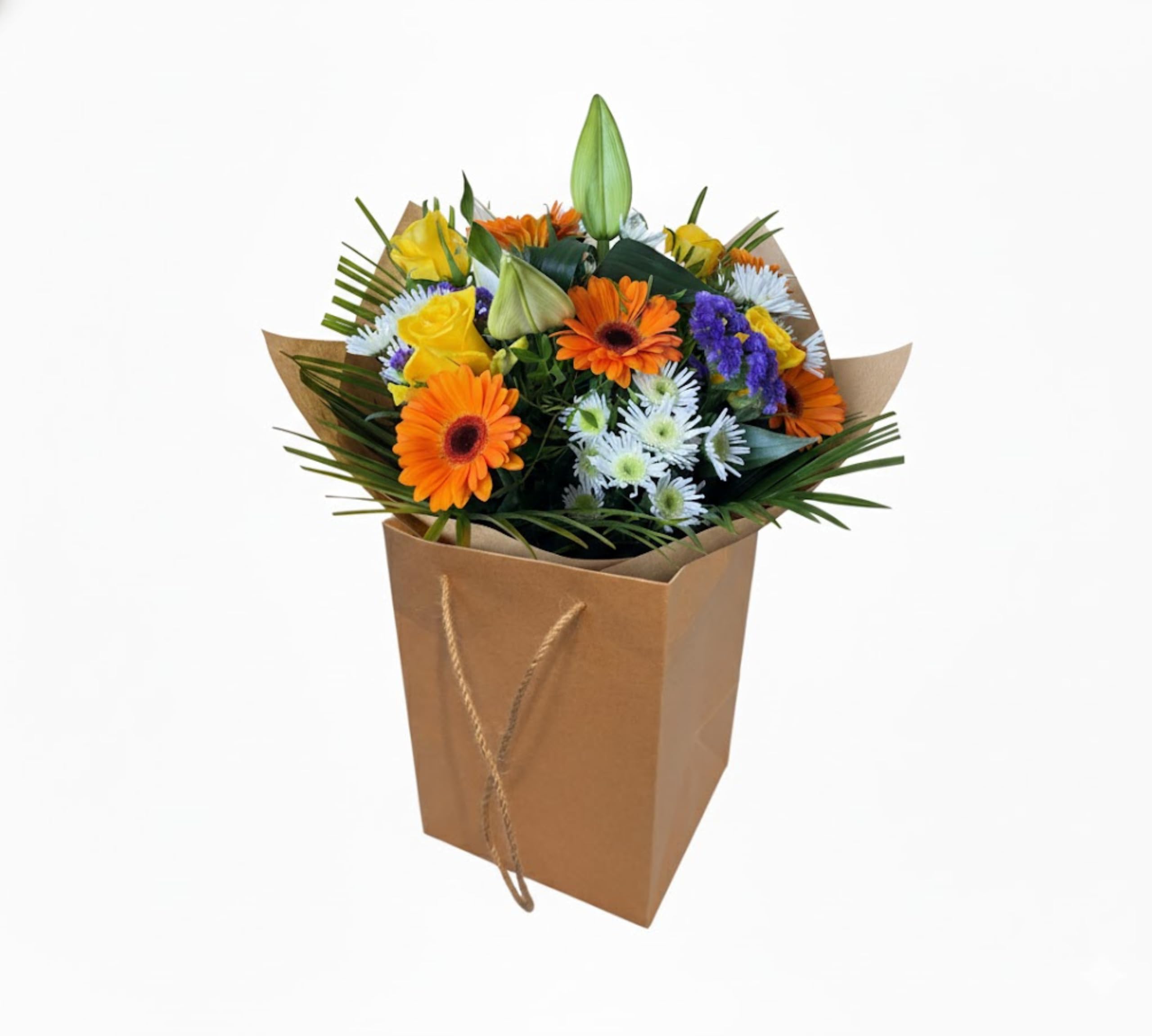 Spring Kaleidoscope Bouquet Fresh Yellow Roses, Orange Gerberas, White Chrysanthemums - Purple Statice – Vibrant Seasonal Floral Arrangement for Gifting - Celebrations