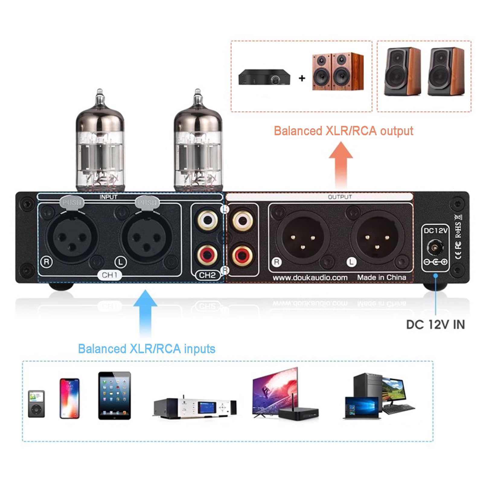 EQ a 7 bande equalizzatore preamplificatore HiFi a tubo a vuoto amplificatore per auto e altoparlanti domestici, ingressi e uscite RCA/XLR bilanciati per una migliore qualità audio