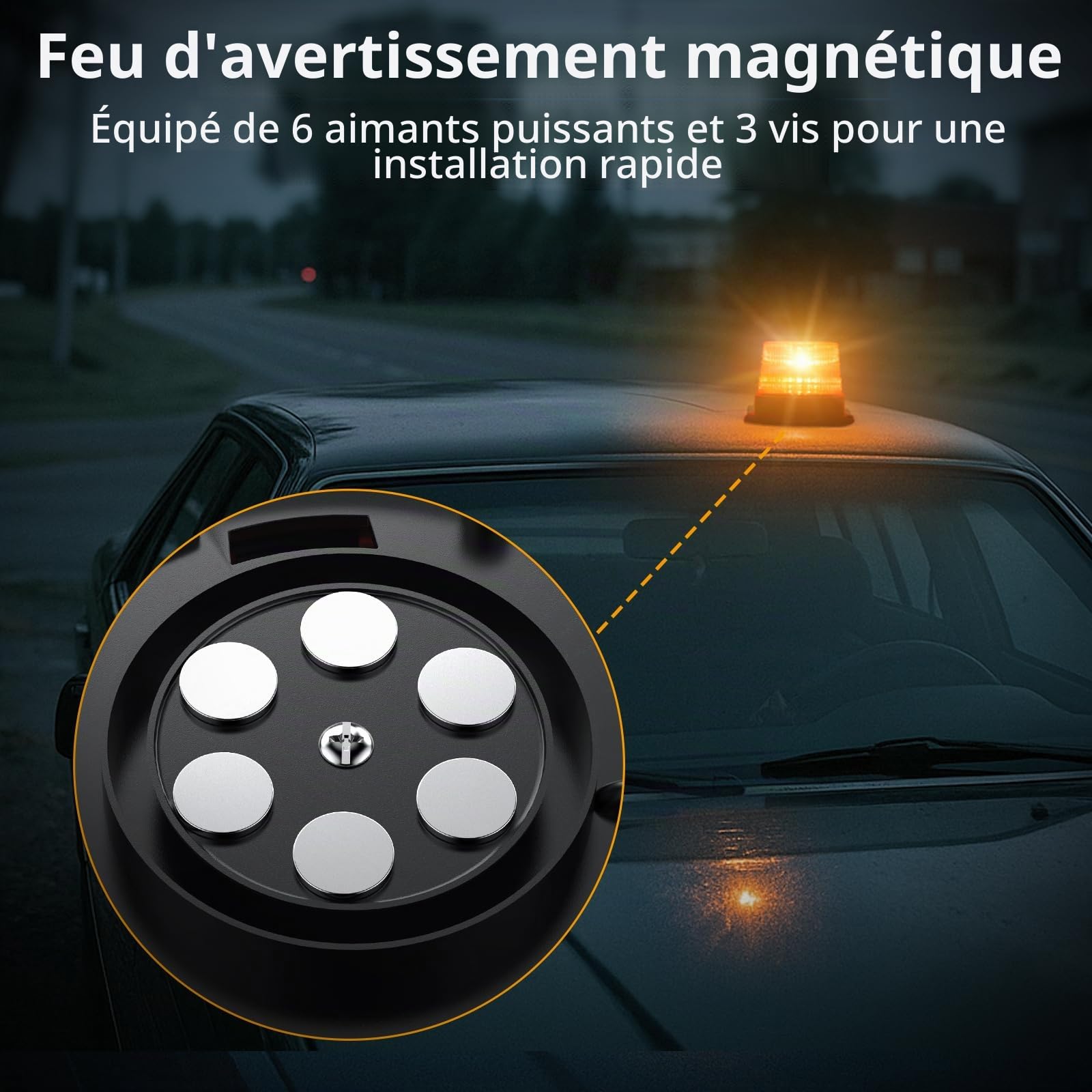 Gyrophare Clignotant Ambre 40W IP65 étanche et Magnétique, 40 LED 10 Modes de Clignotement, Homologation E-Mark pour camions, voitures et véhicules d'urgence 12V/24V