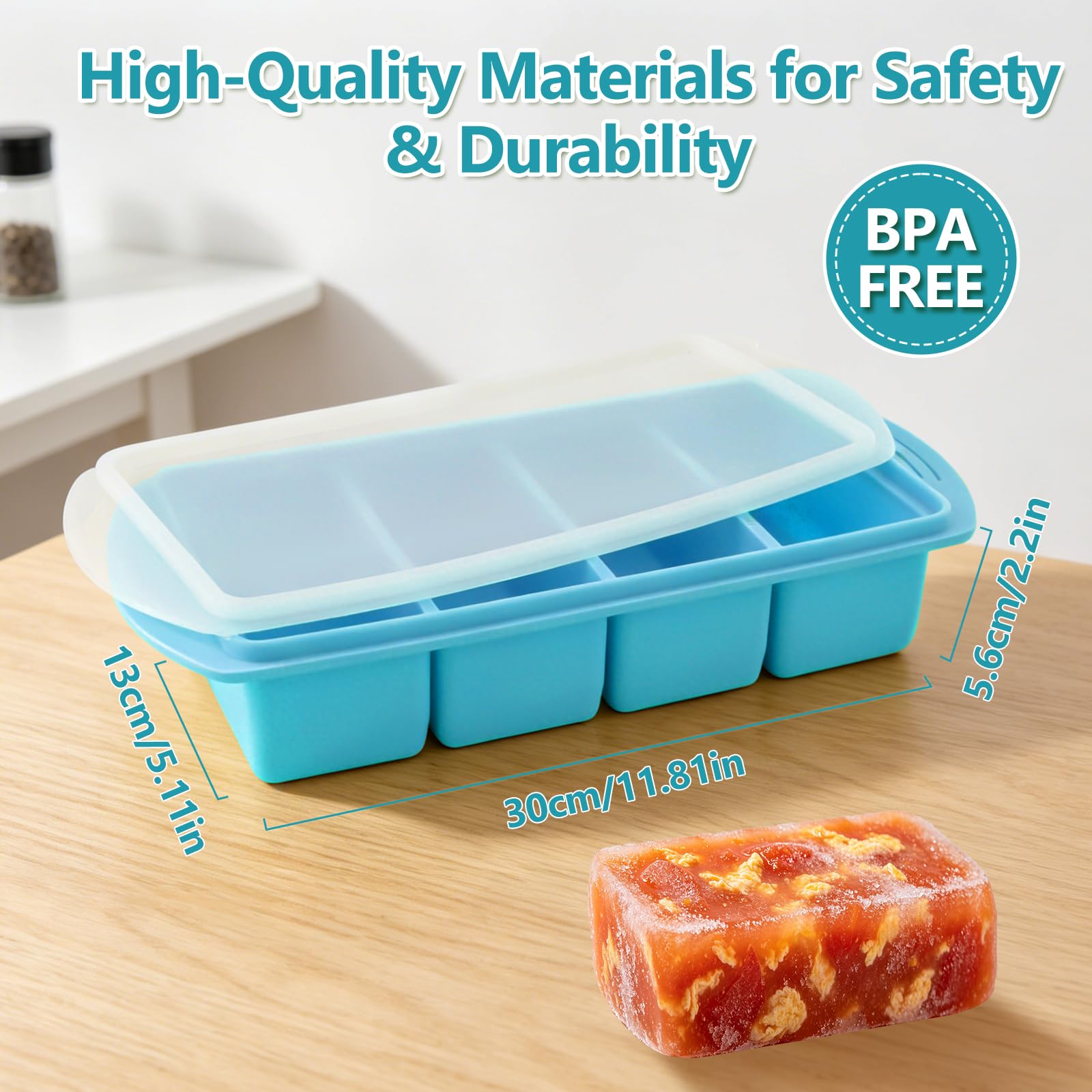 Paquete de 2 bandejas de silicona azul para congelador con tapa, cubos grandes para congelador, 4 compartimentos profundos, 125 ml, 250 ml, recipientes apilables para almacenamiento de alimentos
