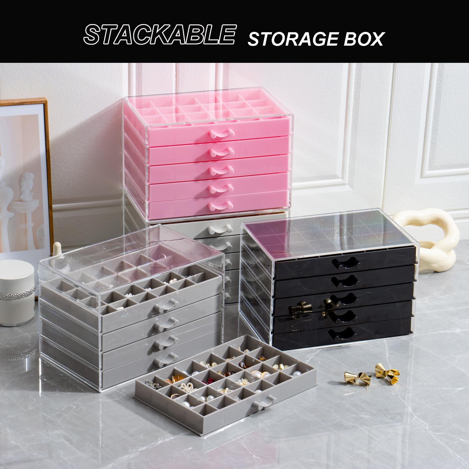 Earring Storage Box Organizer, Acrylic Jewelry Storage Box Holder 5 Drawers Transparent Jewelry Display Stand with 120 Small Compartments Gift Boxes for Women Girls (Black) - Image 7