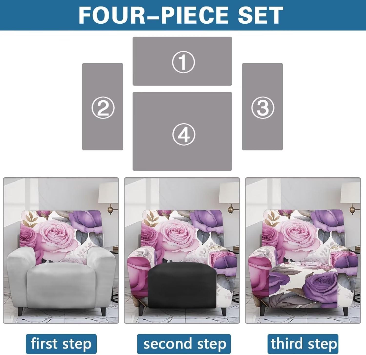 FOR U DESIGNS Roses Purple White Breathable Recliner Chair Slipcovers 4-Pc Set Non Slip for Reclining Sofas with Storage Pockets Kid-Proof Protection Machine Washable