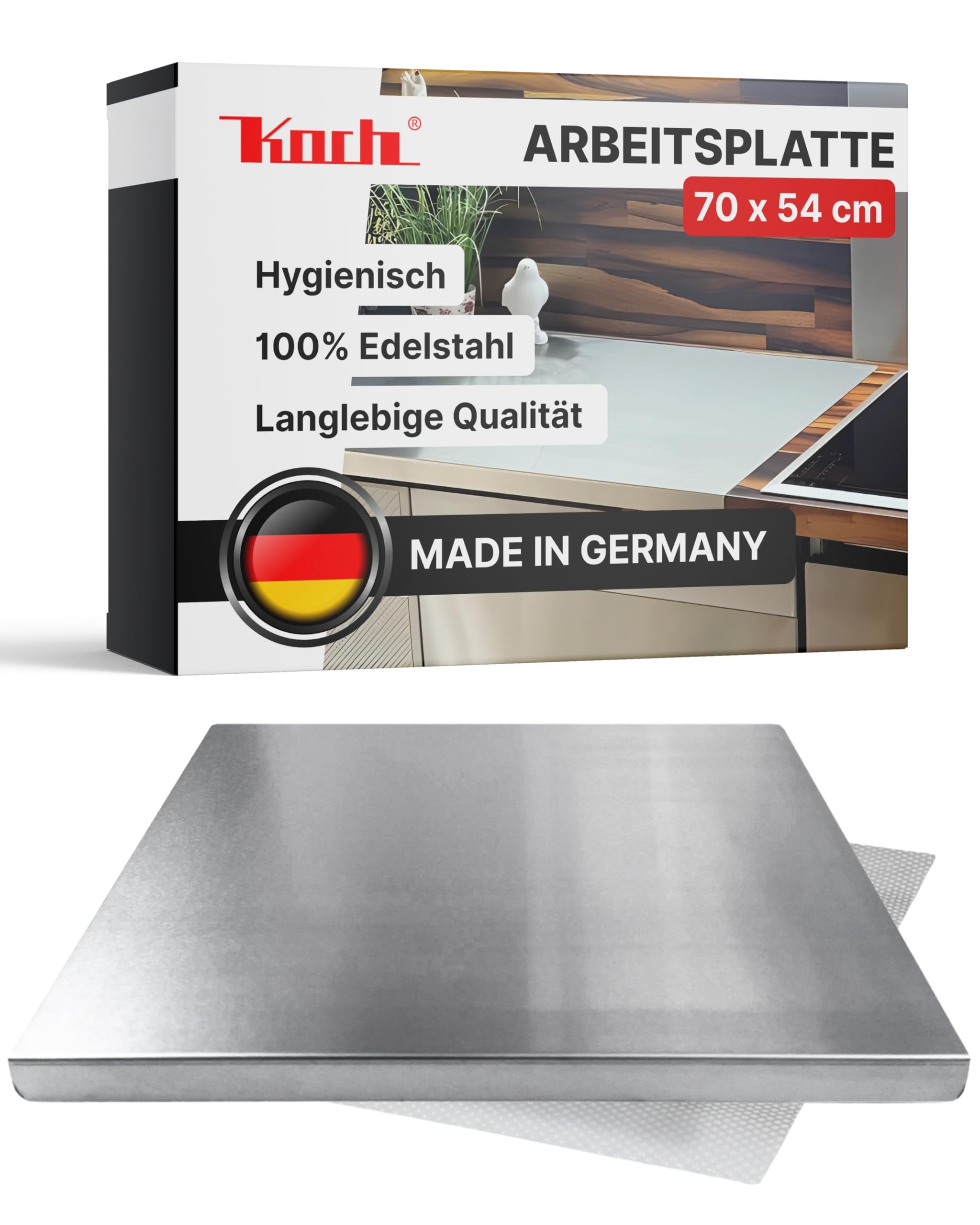 Koch Arbeitsplatte Edelstahl I 70 x 54 cm I Arbeitsfläche, Schneidebrett & Knetbrett mit Anschlagkante I Hygienisches & rostfreies Küchenbrett I Extra robust, langlebig & antibakteriell #87
