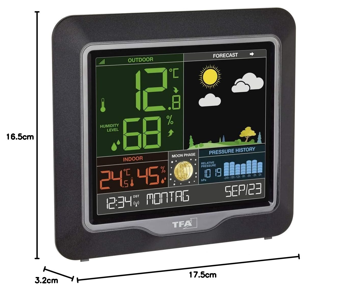 TFA Dostmann Linea Plus Estación meteorológica, Negro, (L) 175 x (B) 32 (84) x (H) 165 mm