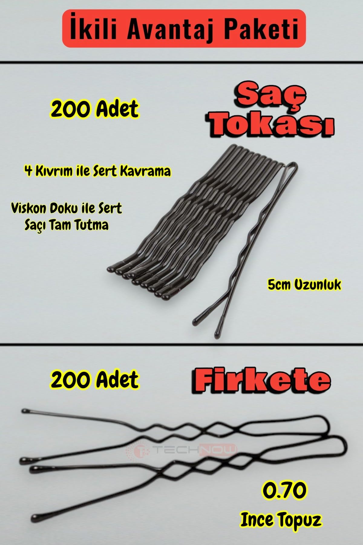 Technow 200 Adet Tel Saç Tokası+200 Adet 0.70 Saç Firketesi Toplam 400 Adet