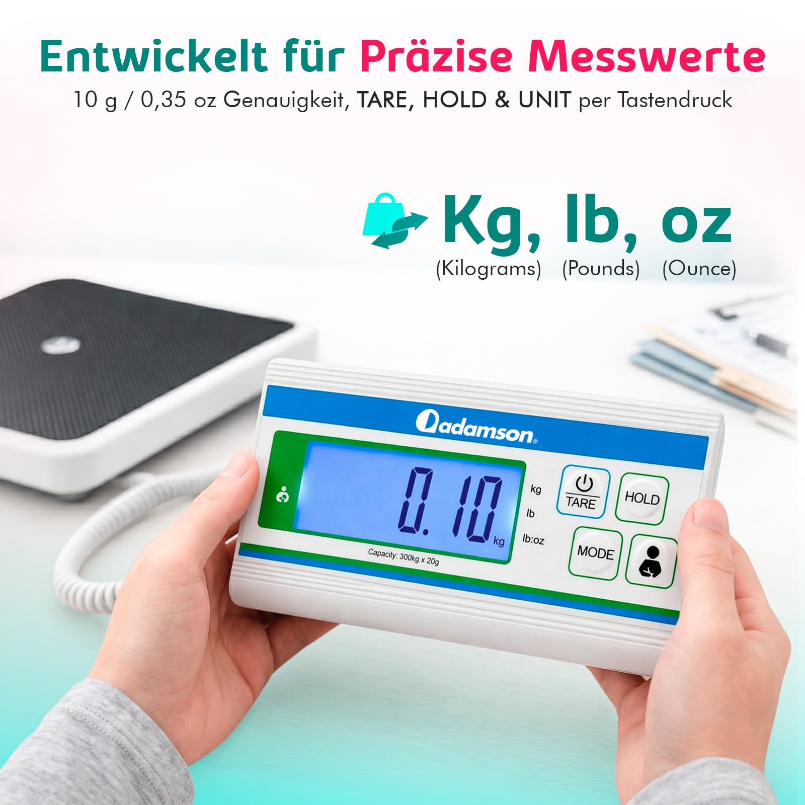 Medizinische Personenwaage Extra Breit 300 kg mit Hoher Präzision | Mit beleuchtetem Display in kg lb und oz, Schwarz