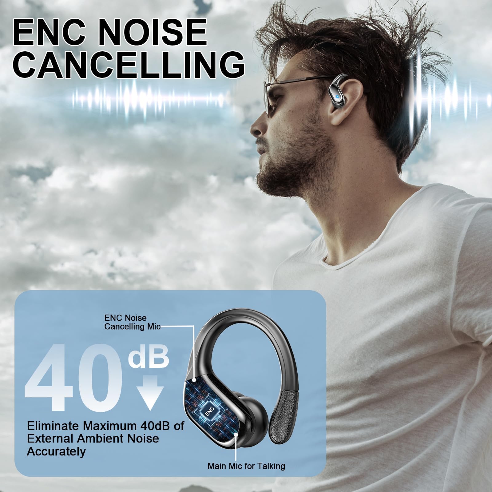 Écouteurs sans fil Bluetooth 5.4 avec stéréo 75 heures, 4 micros ENC, suppression du bruit avec crochets d'oreille, écouteurs étanches IP7 pour entraînement/course/gym