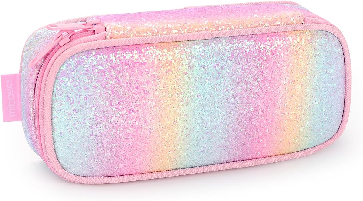 mibasies Girls Pencil Case for Kids, Multi-Slot Pencil Pouch, Pink Blue Rainbow