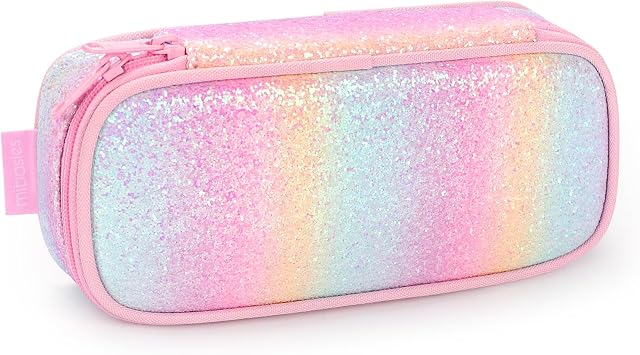 mibasies Girls Pencil Case for Kids, Multi-Slot Pencil Pouch, Pink Blue Rainbow