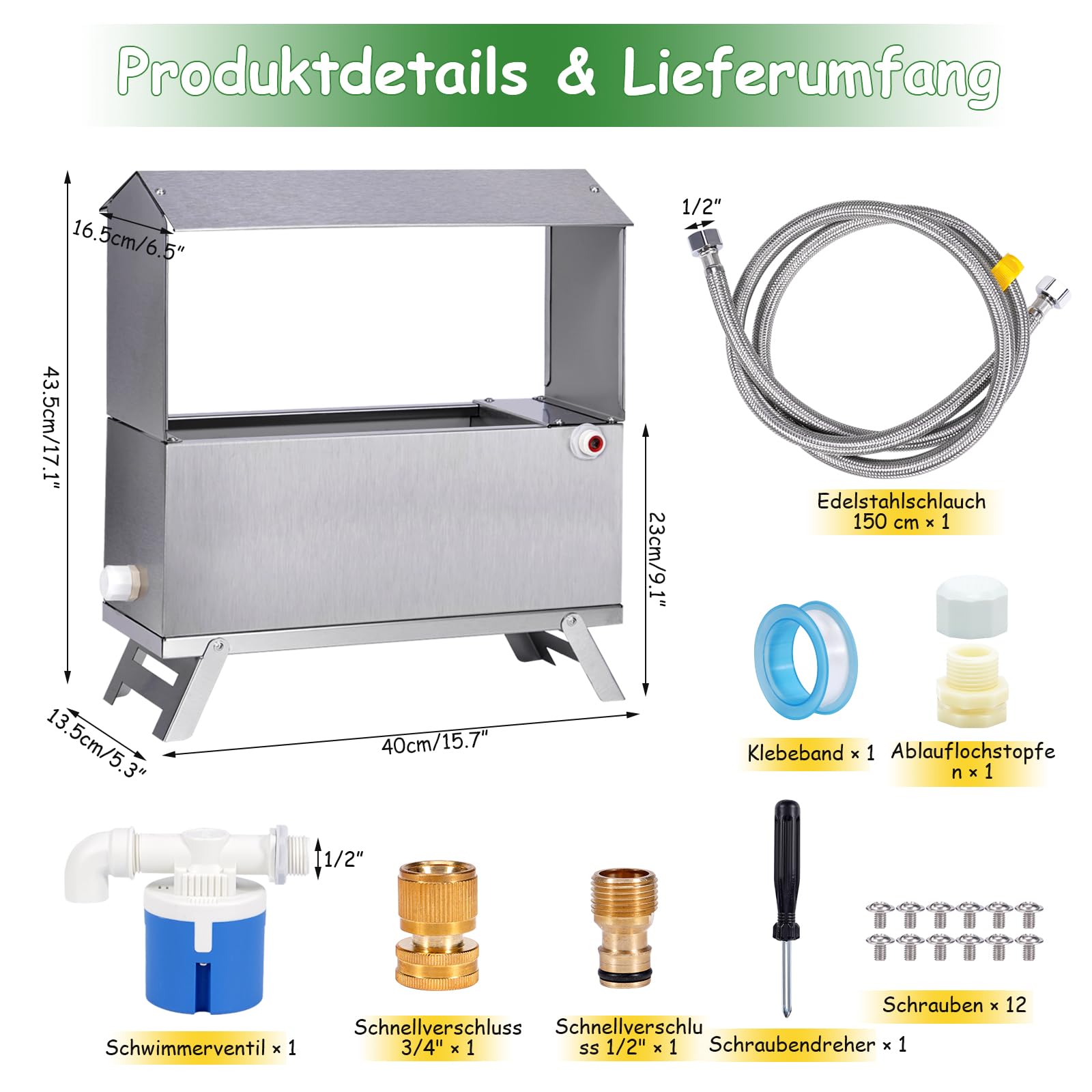 Hühnertränke 9 Liter Edelstahl Automatische Hühnchen Wasserer Automatische Geflügel Wasserer Spender Mit Float Ventil Und Bein Große Kapazität Metall Hühnchen Wasser Für Hühnchen Ente Taube Gans