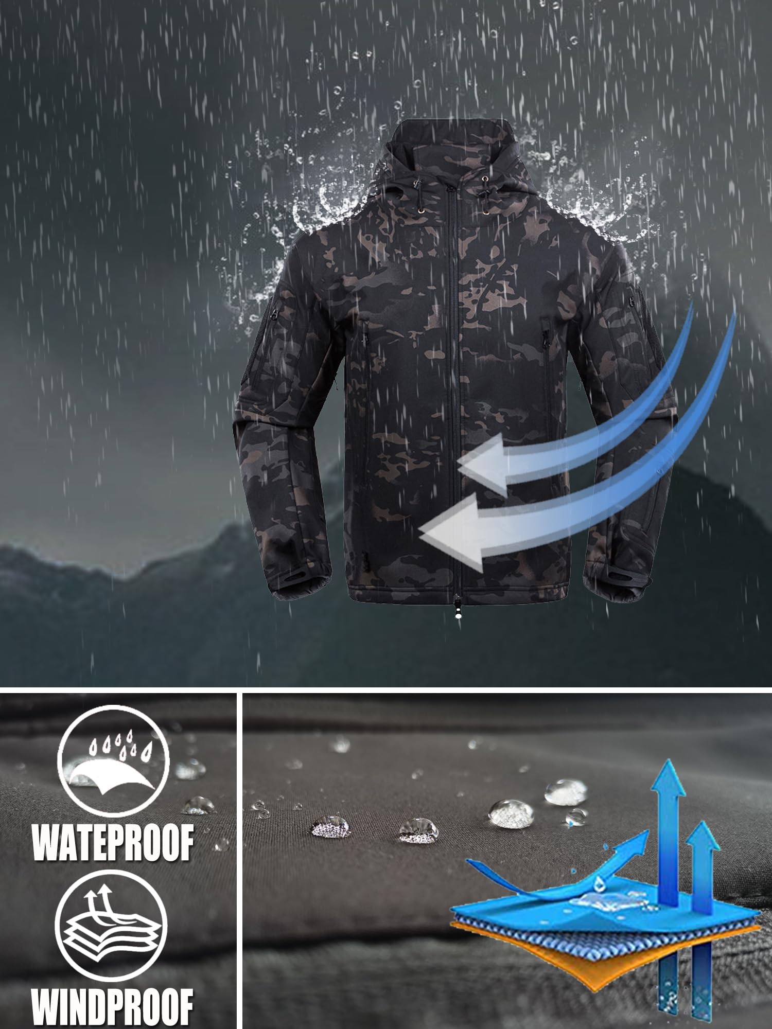 Kelmon Uomo Tattico Softshell Giacca Multifunzionale Outdoor Camouflage Militare Pile Fodera Impermeabile Antivento Calda Cappuccio Cappotto