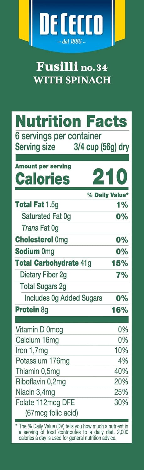 De Cecco Pasta, Spinach Fusilli No.34, 12 OZ (Pack of 12) - Made in Italy, High in Protein & Iron, Bronze die (VKP0034)