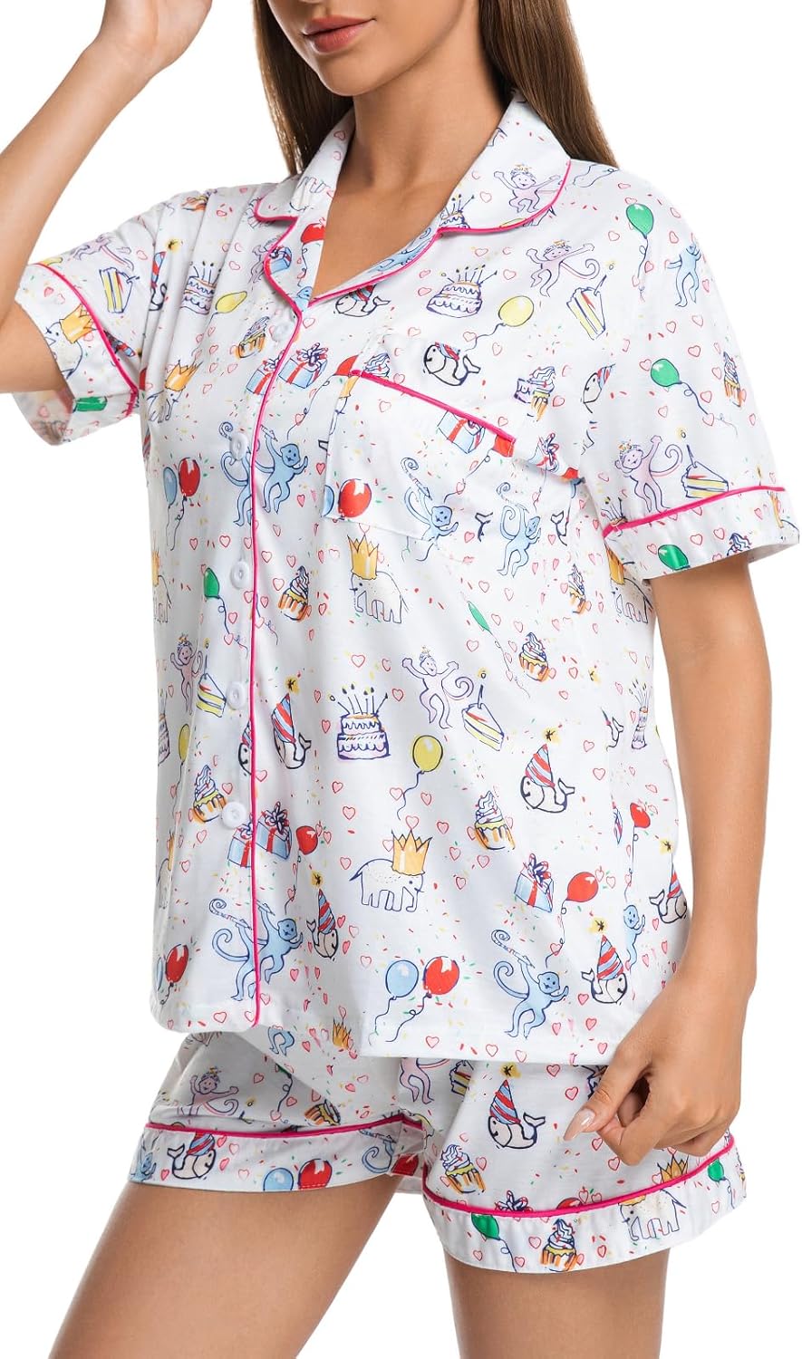 Womens Pajamas Set Button Down 2 Piece Cute Monkey Bunny Y2k Preppy Heart Pjs Sets Lounge Comfy Sleepwear - Image 7