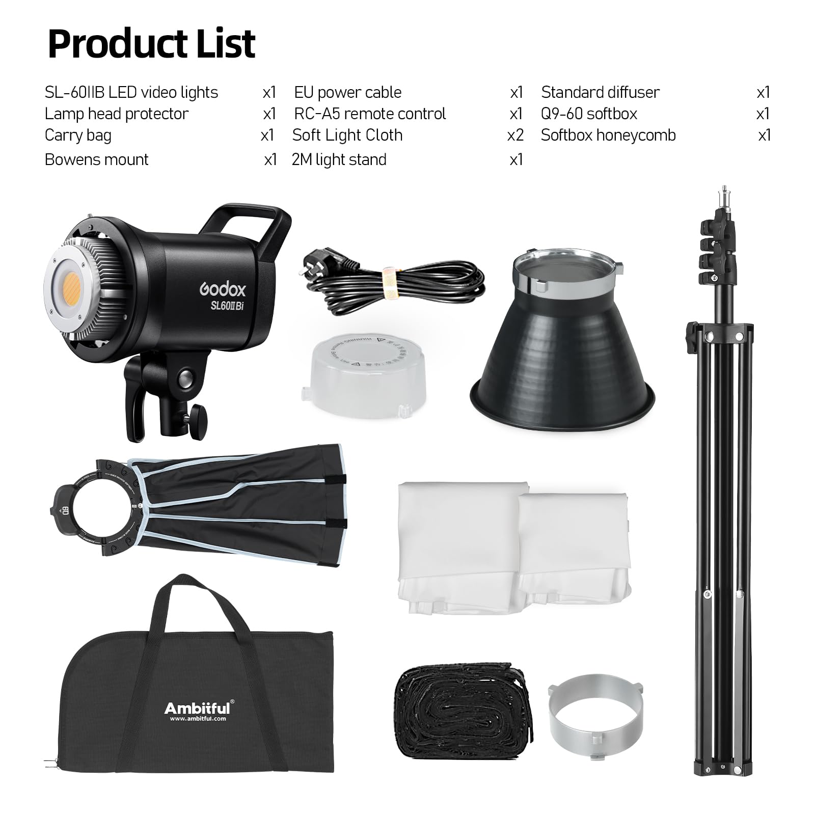 Godox SL60II-Bi LED Video Light 2800K-6500K Bi-Color Continuous Light with App&Remote Control + PS60 Round softbox with Honeycomb Grid, Light Stand