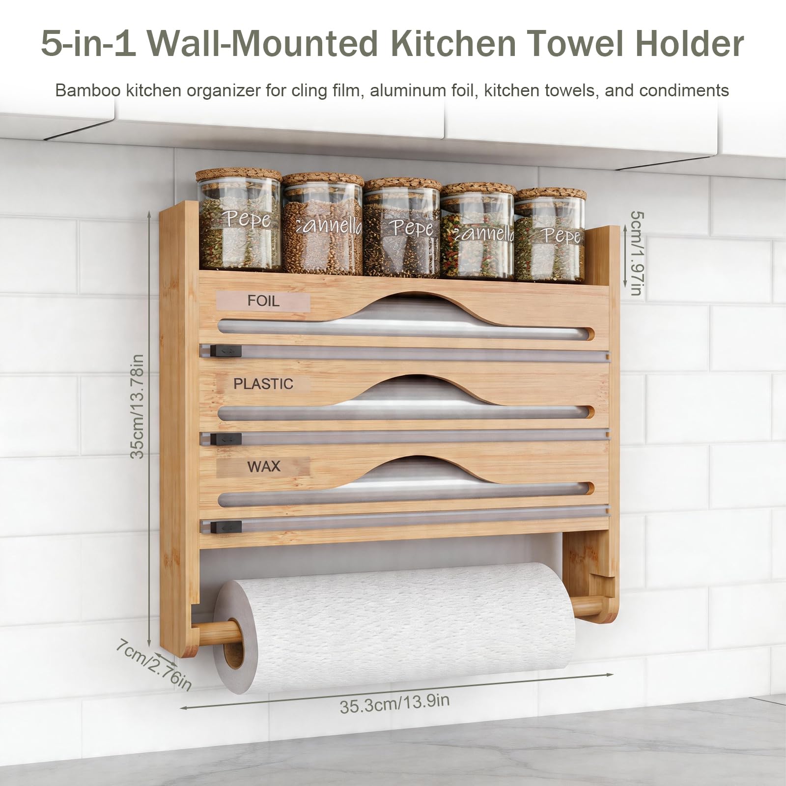 Distributeur Papier Aluminium et Film Alimentaire Mural 5 en 1 | Porte-Rouleau Cuisine Bambou avec Coupe-Film, Support Essuie-Tout & Épices, sans Perçage