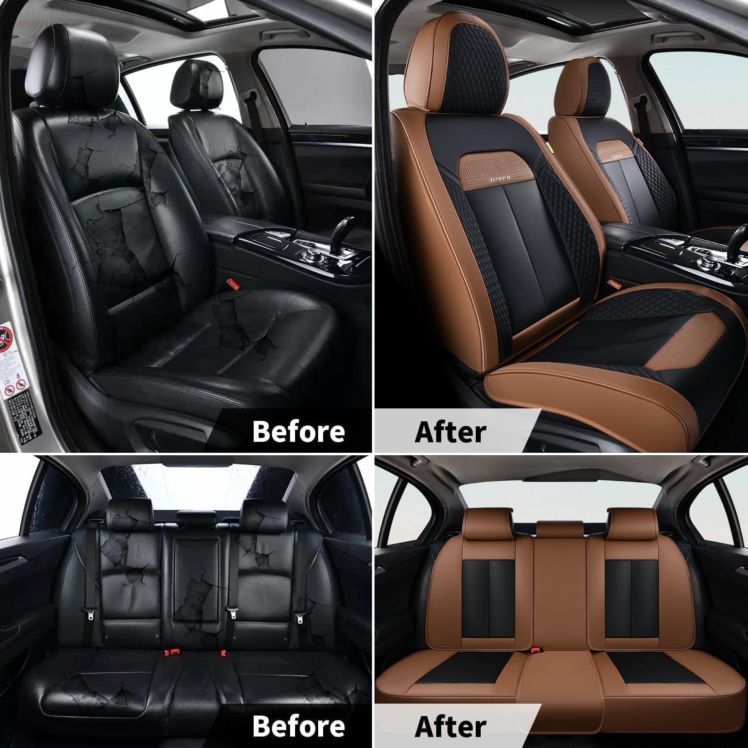 FLORICH Leather Car Seat Covers Full Set, Breathable Waterproof Nappa Leather Seat Covers, Gary Seat Covers, Automotive Interior Cover Universal for Cars SUV Truck Sedan - Coffee