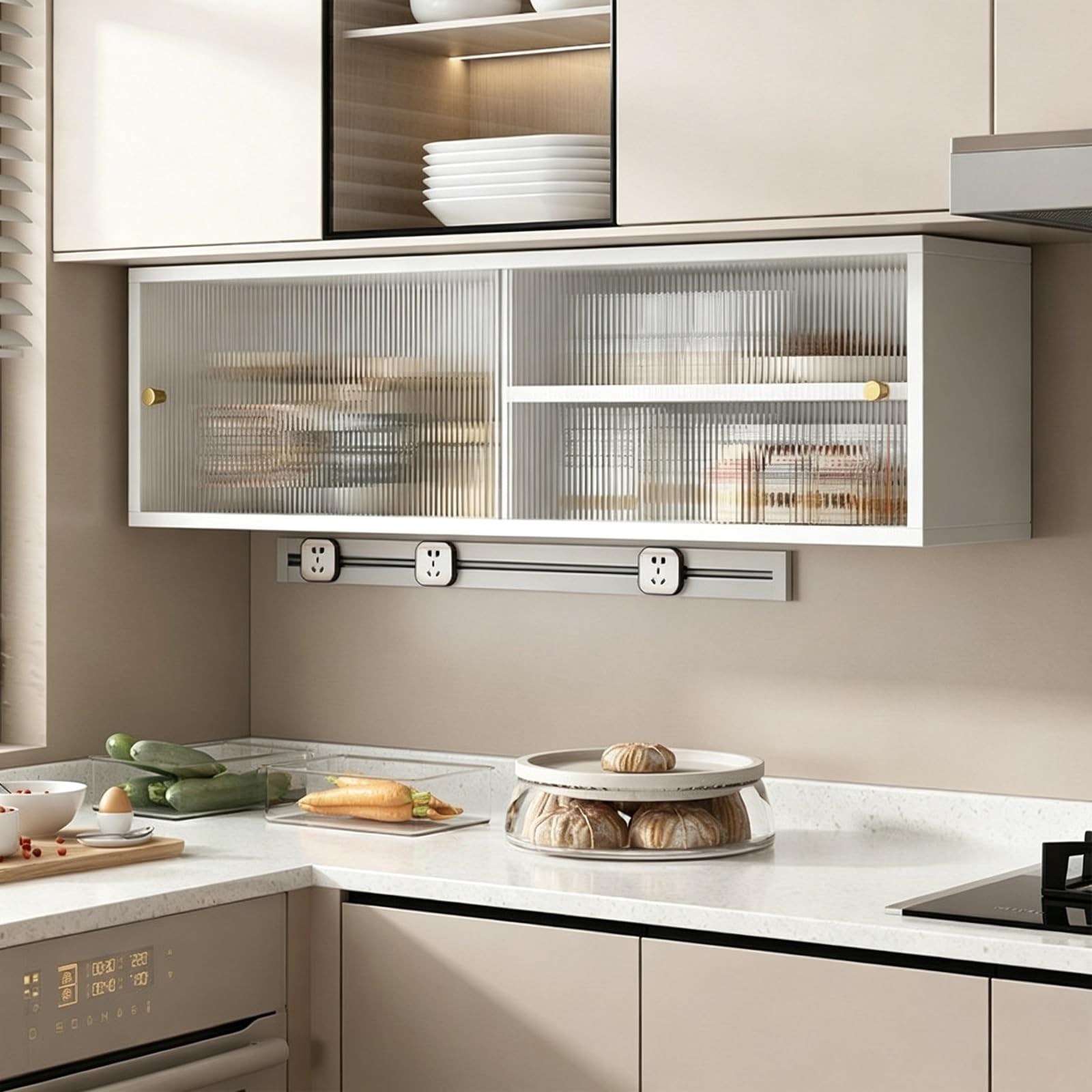 Armario de Cocina Colgante de madera maciza con puertas correderas de vidrio y diseño funcional.