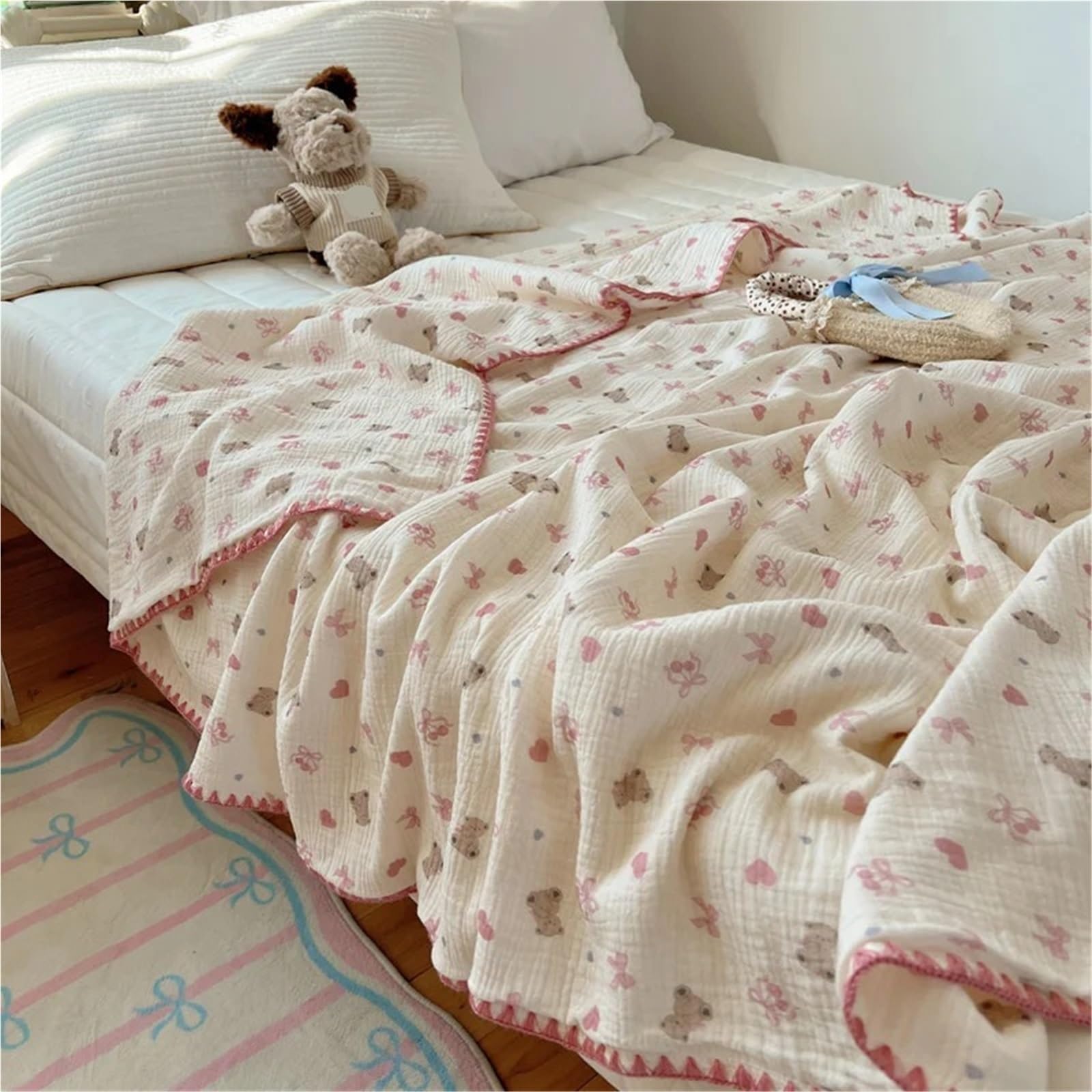 Coperta in mussola di cotone Coperta in cotone estiva in filato crespo di puro Trapunta morbida for cartoni animati singola/Queen/King(Color1,105x130cm 1pc)
