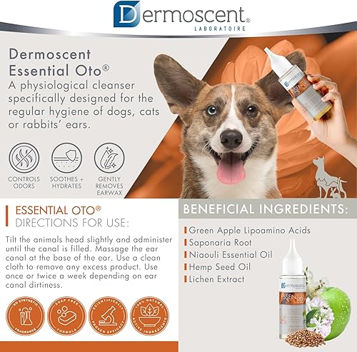 Vista 3 de Dermoscent Essential OTO - Limpiador de oídos para perros, gatos y conejos Fórmula 100% natural con aceite de semilla de cáñamo, eliminación suave