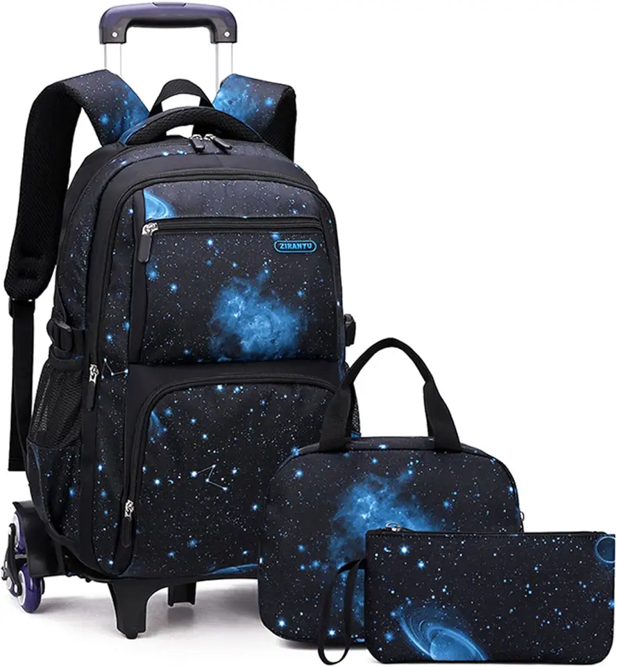 ACAGALA Mochila Rolante Infantil para Meninos e Meninas, com Rodas, Carrinho, Escolar, com Lancheira, Bolsa de Lápis (Céu Estrelado Preto e Azul)