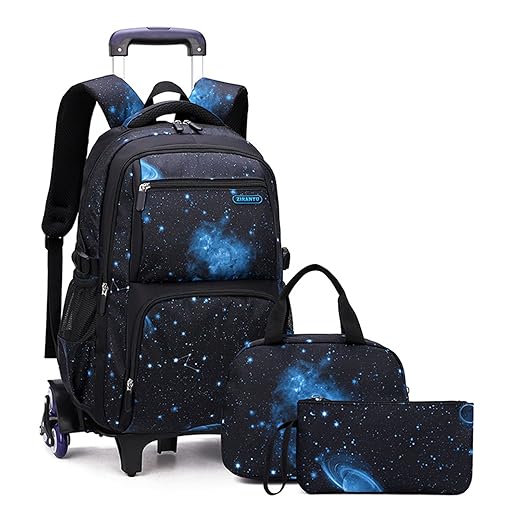 ACAGALA Mochila Rolante Infantil para Meninos e Meninas, com Rodas, Carrinho, Escolar, com Lancheira, Bolsa de Lápis (Céu Estrelado Preto e Azul)