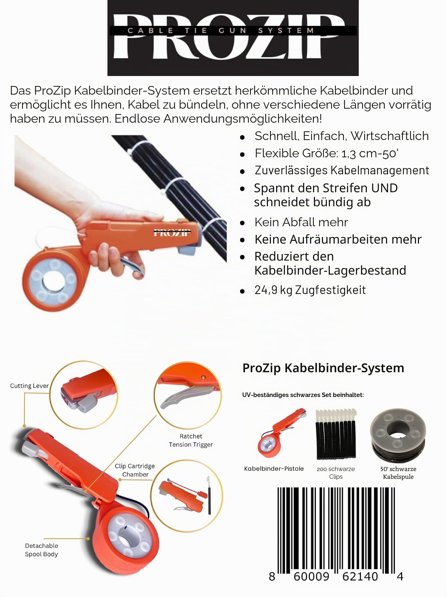 Kabelbinderpistolen-Set für extra lange Kunststoff-Kabelbinder, Kabelbinder-Werkzeug, bietet verstellbare Länge bis zu 15,7 m, inklusive Verschluss, Spanngriff, bündig geschnitten, abnehmbare Spule