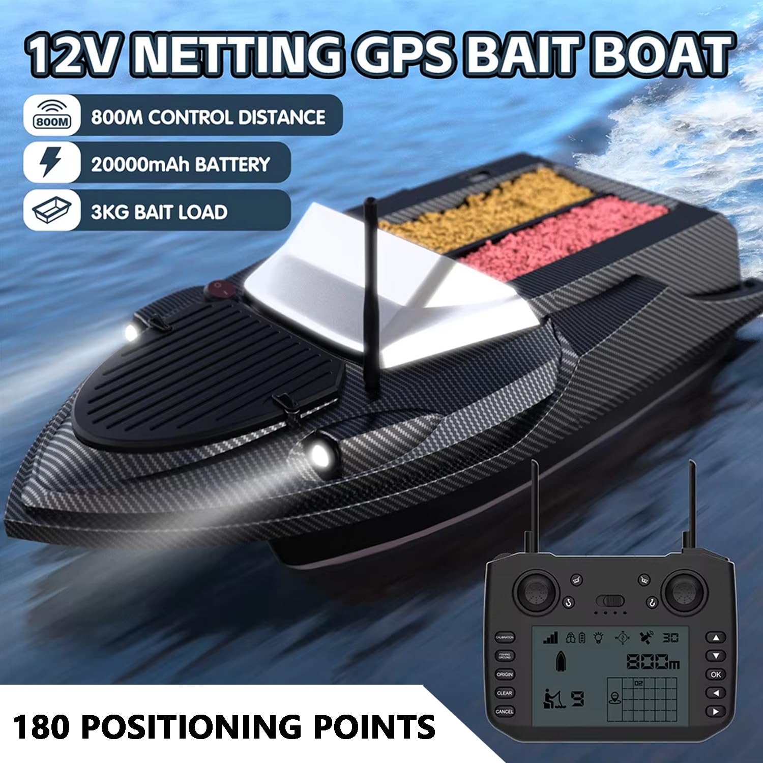 Barco Cebador GPS para Pesca con 180 Puntos, Barco Cebador Pesca, Control Remoto 800m, Doble Tolva 3KG, Retorno Automático, Luces LED, Casco ABS para Lago y Río