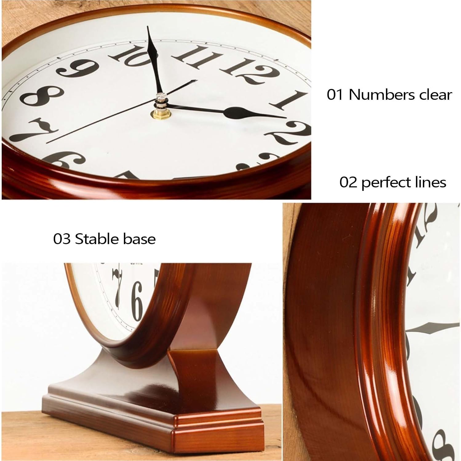 Mantel Clock Silent Non-Ticking Vintage Art Deco Tabletop Clock Battery Operated with Wooden Base Desktop Vintage Clock for Living Room Decor Office Home Gift (B)