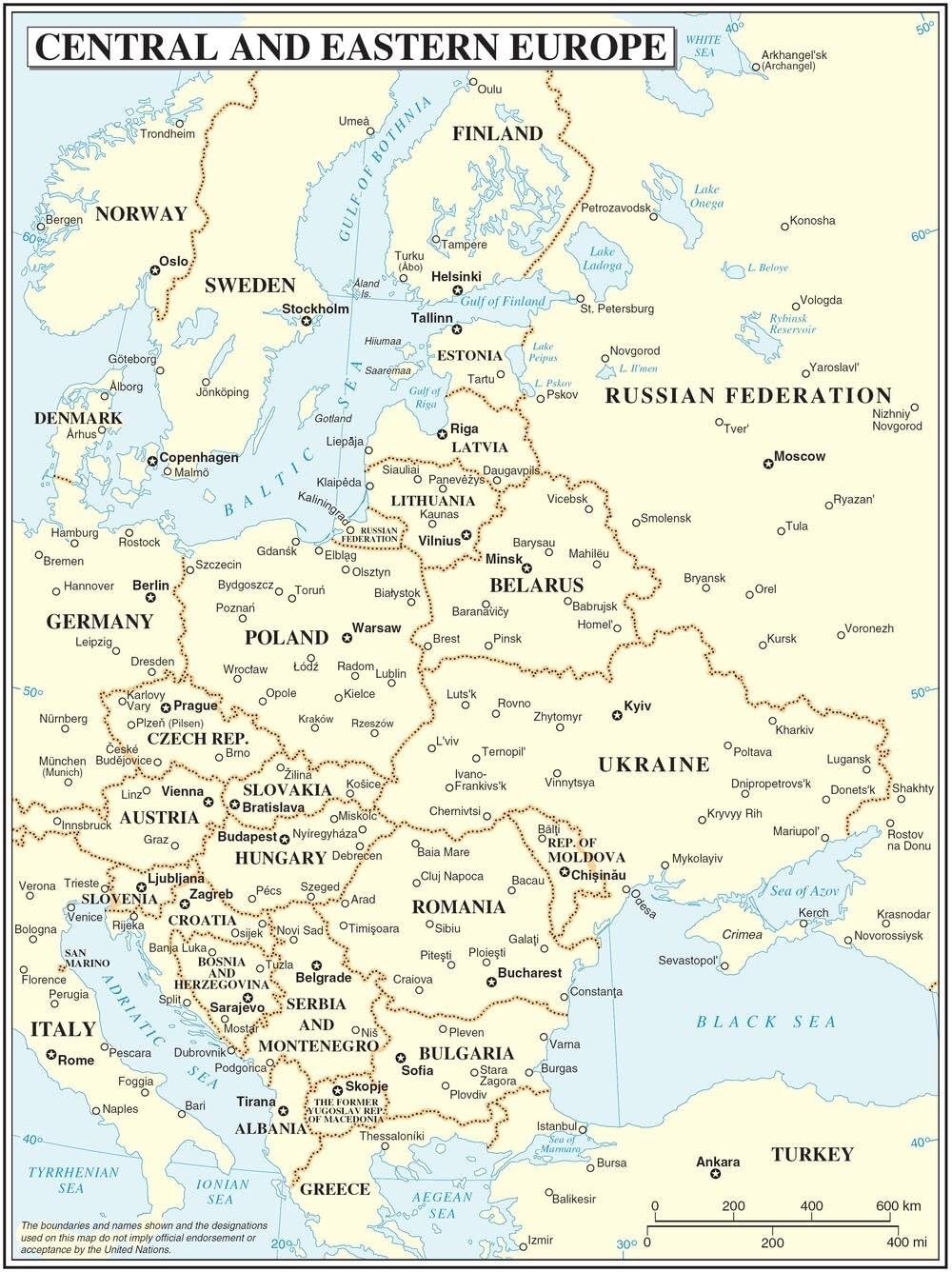 VWWJCCRO Travelers Map of Central and Eastern Europe Laminated Poster Political Geography with Capitals Gift for Travel Enthusiasts(Framed,08x12inch(20x30cm))