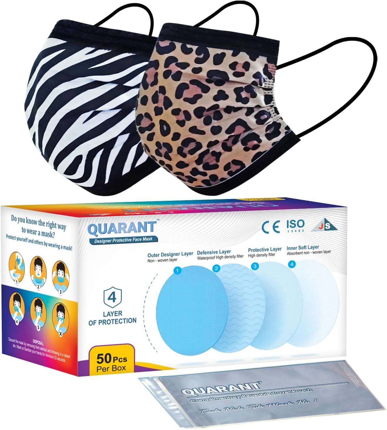 QUARANT Meltblown - Dual SMMS Fabric 4 Ply Designer Protective Face Mask with Nose Clip and Reusable Travel Pouch, Fashion That's Safe (Animal Print Combo, Pack of 50) for Unisex