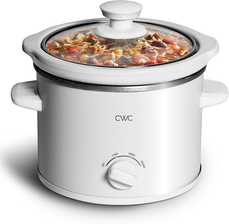 2QT Mini Electric Round Slow Cooker - Adjustable Settings, Removable Stoneware Pot, Tempered Glass Lid, Dishwasher Safe, Cool-Touch Side Handles, Cream