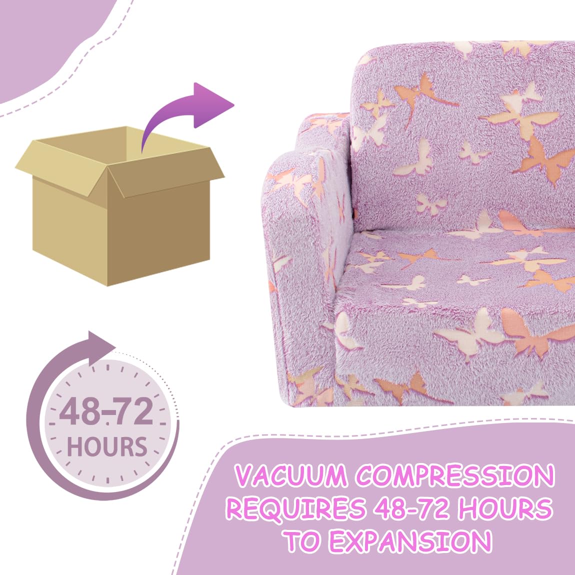 Silla para niños pequeños, sofá plegable 2 en 1, sillas convertibles para niños pequeños, cómodo sofá a tumbona con función que brilla en la oscuridad, suave para niñas y niños, mariposa 8