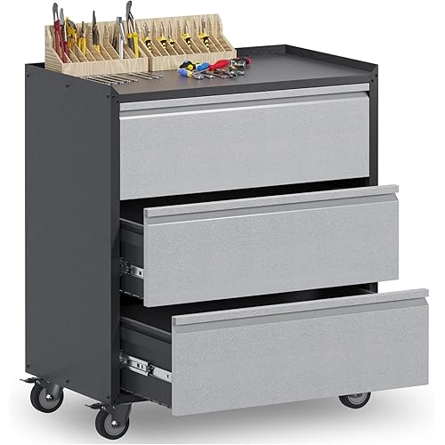 3 Drawer Rolling Garage Storage Cabinet, Small Metal Tool Cabinet with Drawer, Tool Chest & Cabinet for Workshop, Garden, Home, Office, Assembly Required, Black/Gray