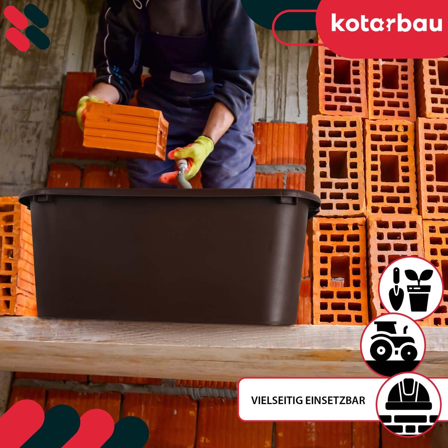 KOTARBAU® Bac à mortier carré 45 l en plastique marron Bac à mortier Bac à mortier Seau de construction Seau à mortier Bac à nourriture Cuve de maçon Bac à plantes