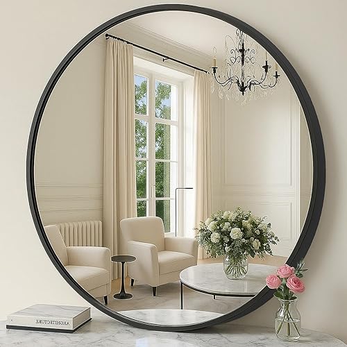 Miniatura 1 de SONGMICS Espejo redondo, espejo de baño para pared, 36 pulgadas, marco de metal, fácil de instalar, para baño, sala de estar, dormitorio, entrada,