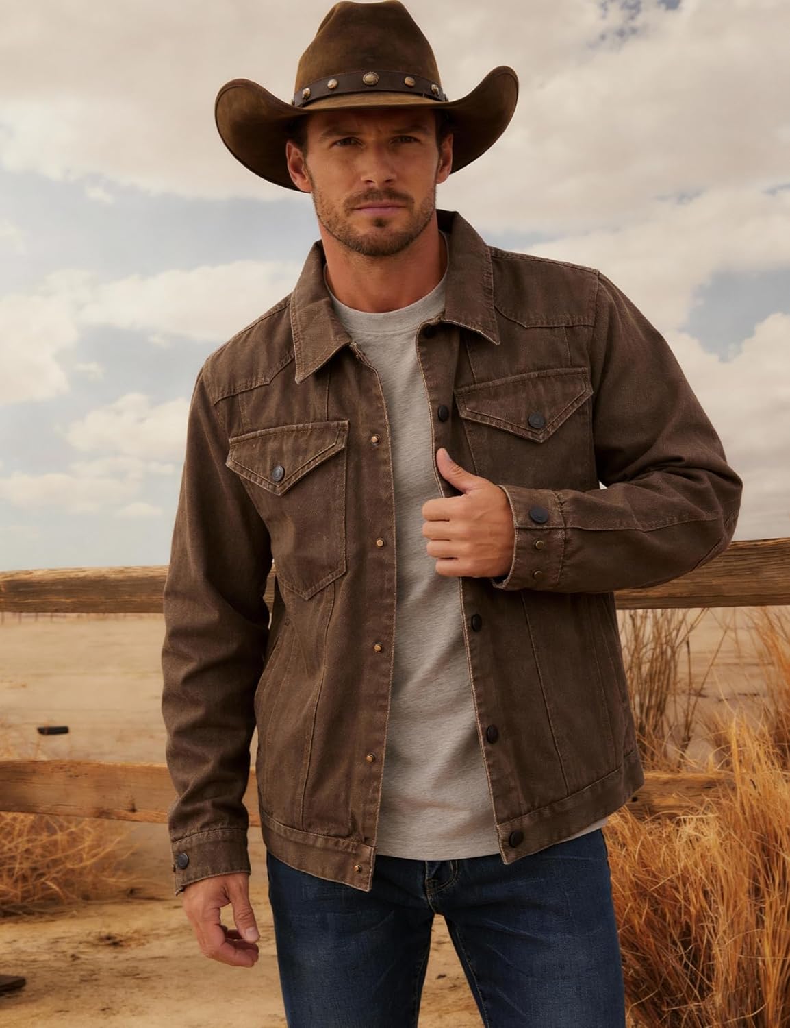 Flygo Mens Flannel Lined Denim Jacket Snap Cowboy Cut Western Classic Slim Fit Vintage Heavy Duty Jacket Trucker Coat - Image 2