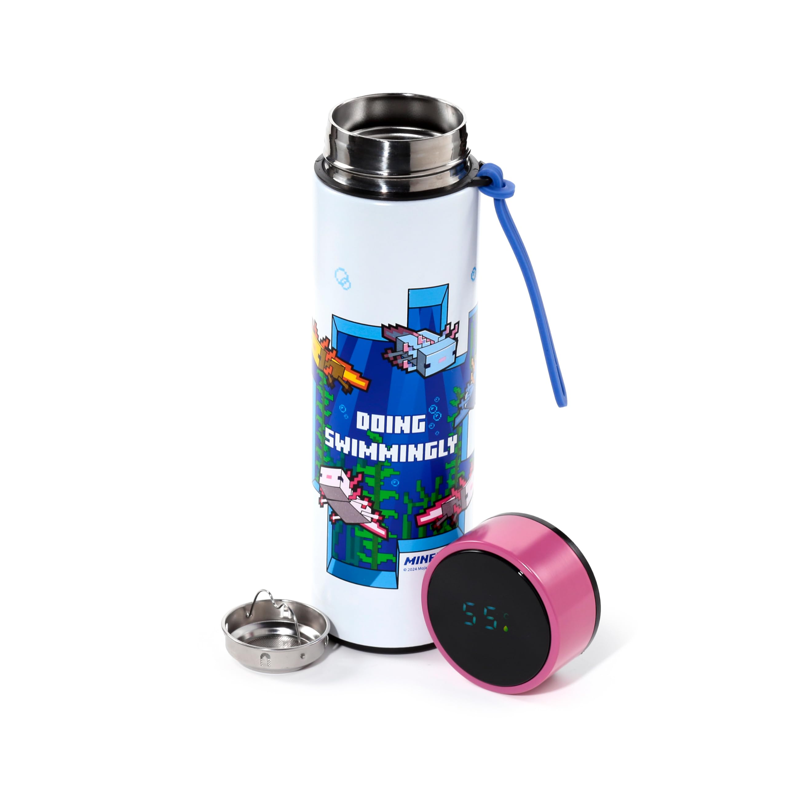Puckator Minecraft Axolotl Hot & Cold Digital Thermometer Bottle - Reusable Insulated Active Water Bottle Flask for Girls and Boys with A Carry Handle & Straw - Bpa Free - for School Nursery