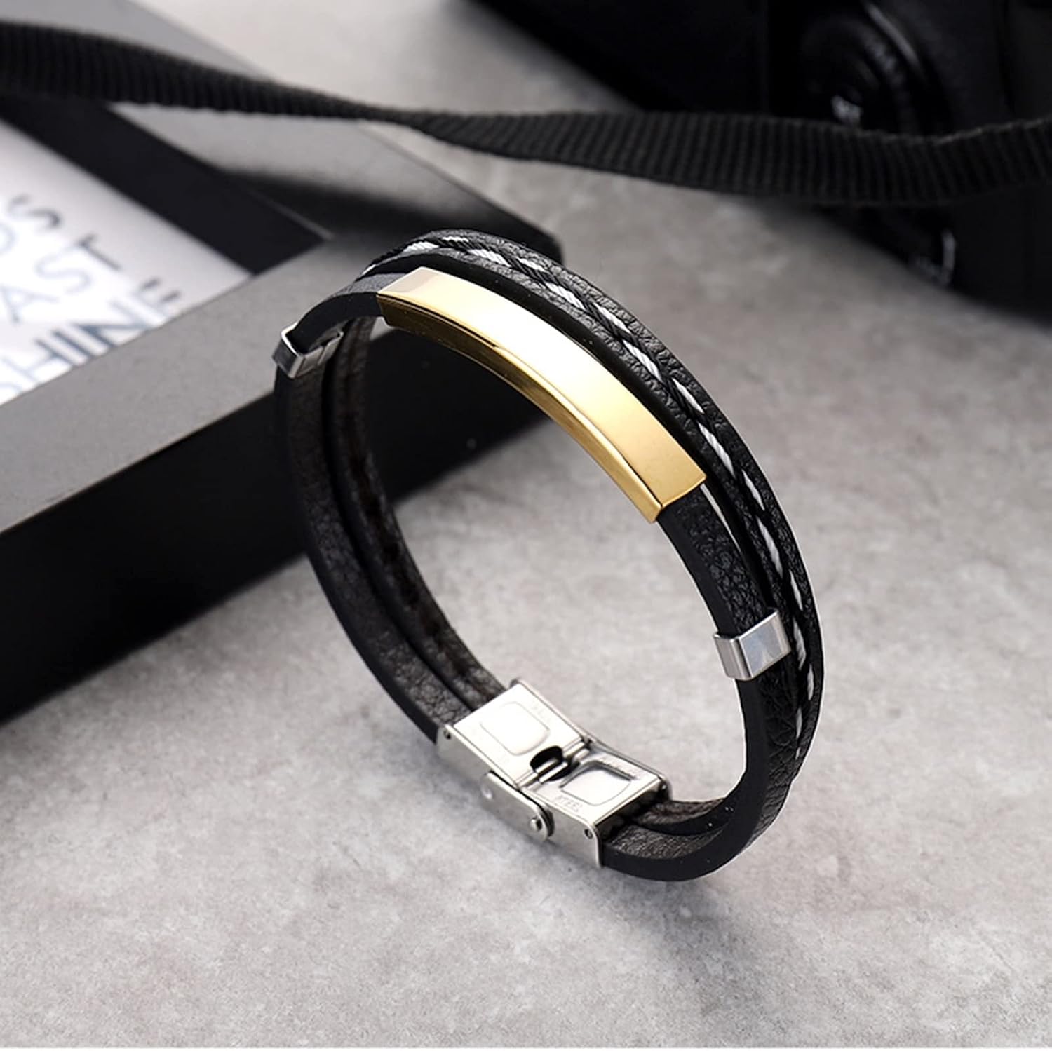 Daesar Men Stainless Steel Bracelets Leather Weave Dog Tag Engraved Bester Papa Bracelet Bangle ID Bracelet for Father Gift