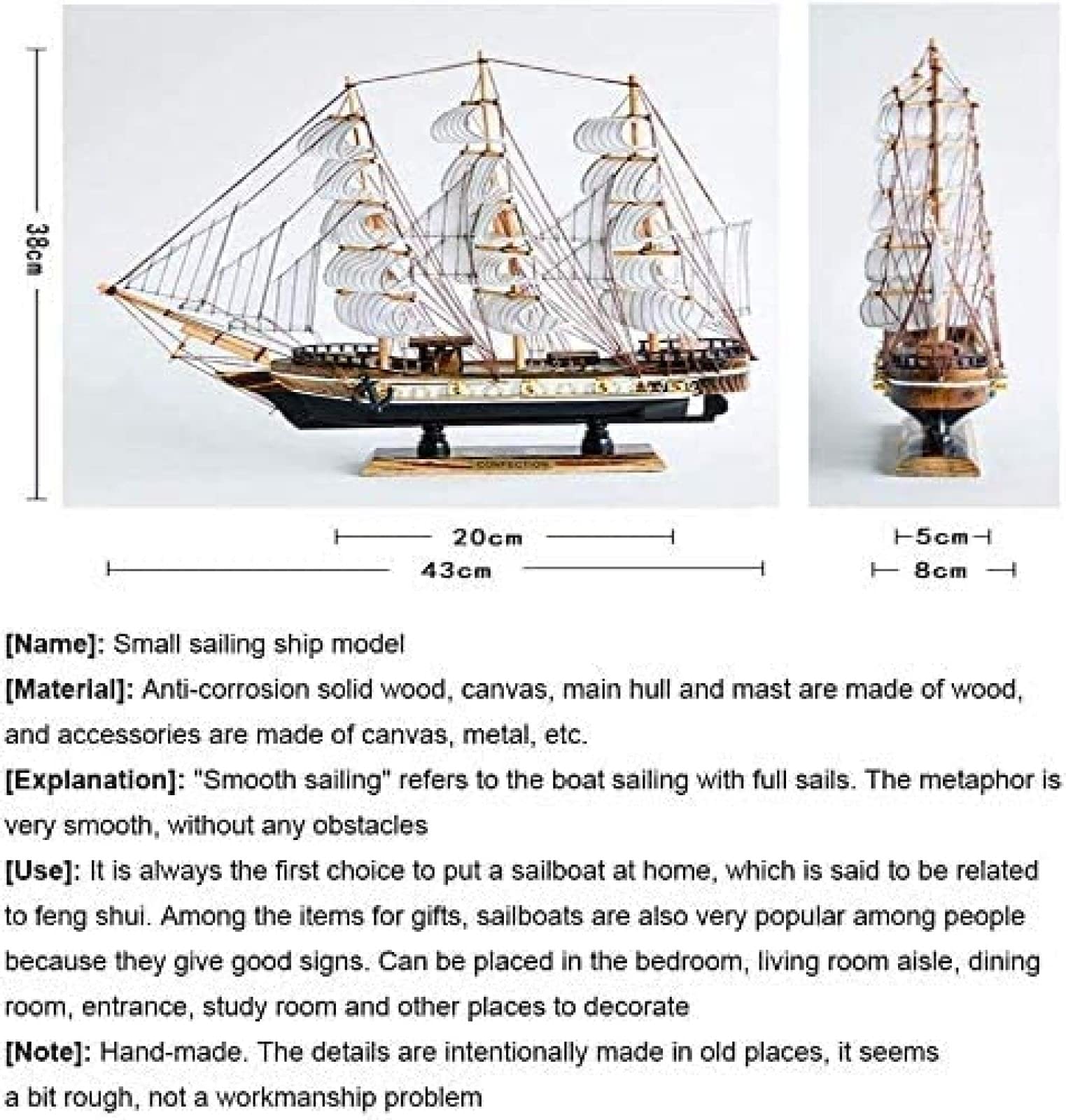 Modèle De Bateau en Bois Modèle De Voilier en Bois Fait À La Main Décorations De Maison De Style Méditerranéen pour Un Cadeau De Fête d'anniversaire Parfait, 38 * 43cm,Pleasant63